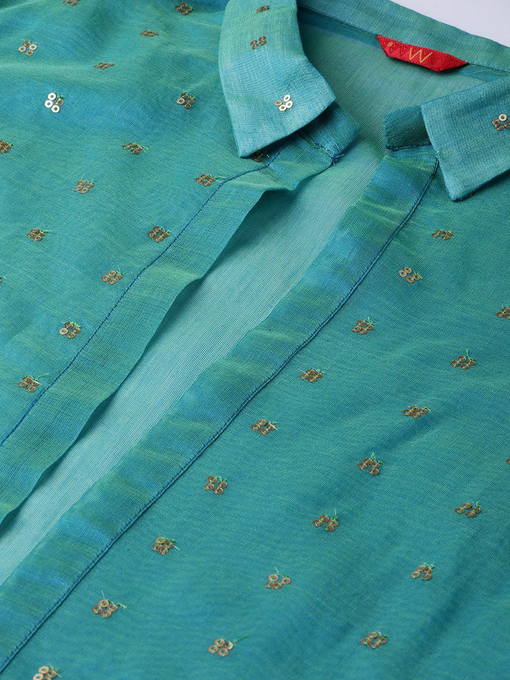 W Women Green & Golden Printed Kurta & Trousers With Ethnic Jacket