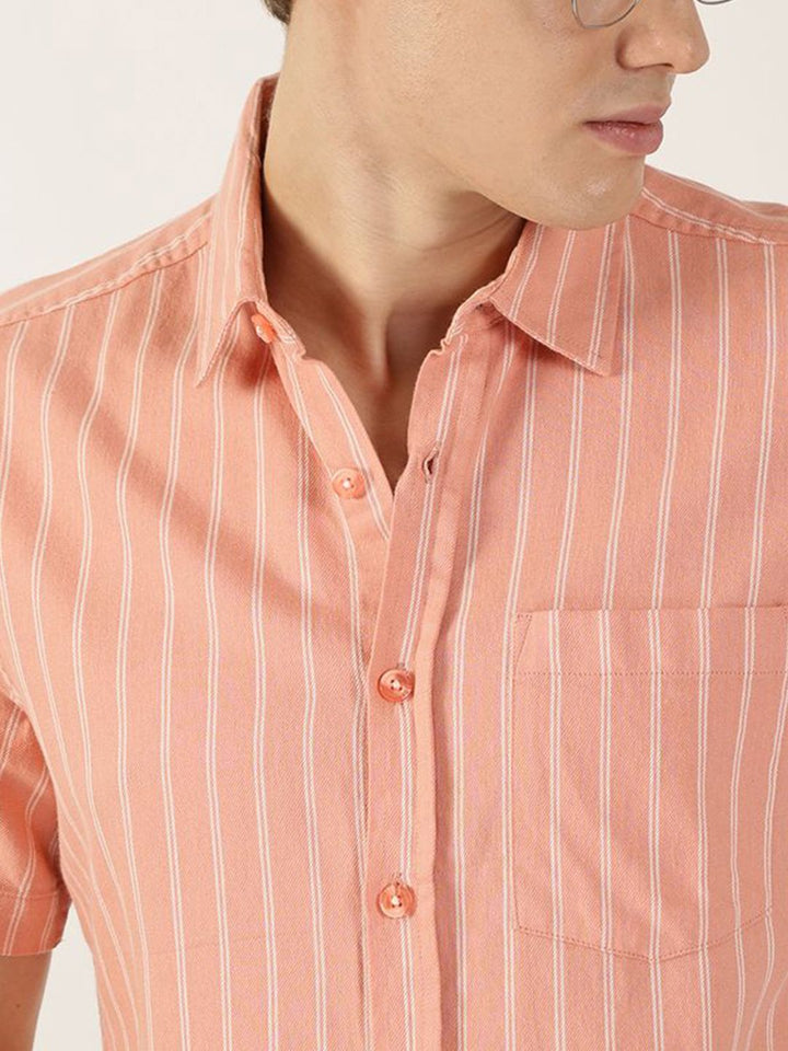 Thomas Scott Men Classic Slim Fit Spread Collar Vertical Striped Cotton Casual Shirt
