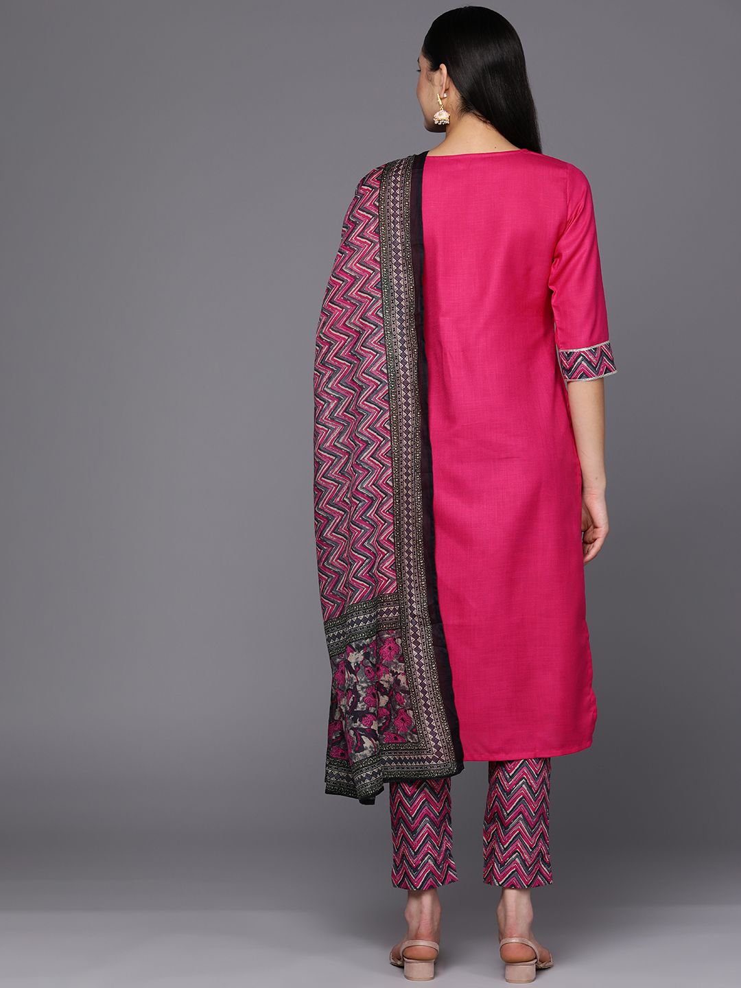 Libas Women Pink Yoke Design Gotta Patti Kurta with Trousers & With Dupatta