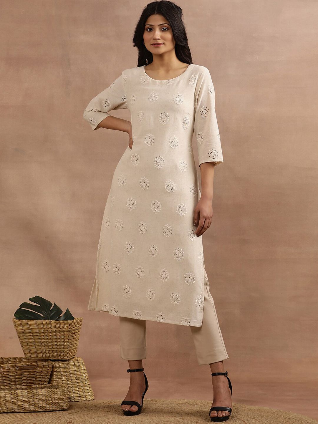 W Beige Floral Embroidered Thread Work Straight Kurta