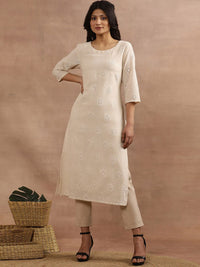 W Beige Floral Embroidered Thread Work Straight Kurta