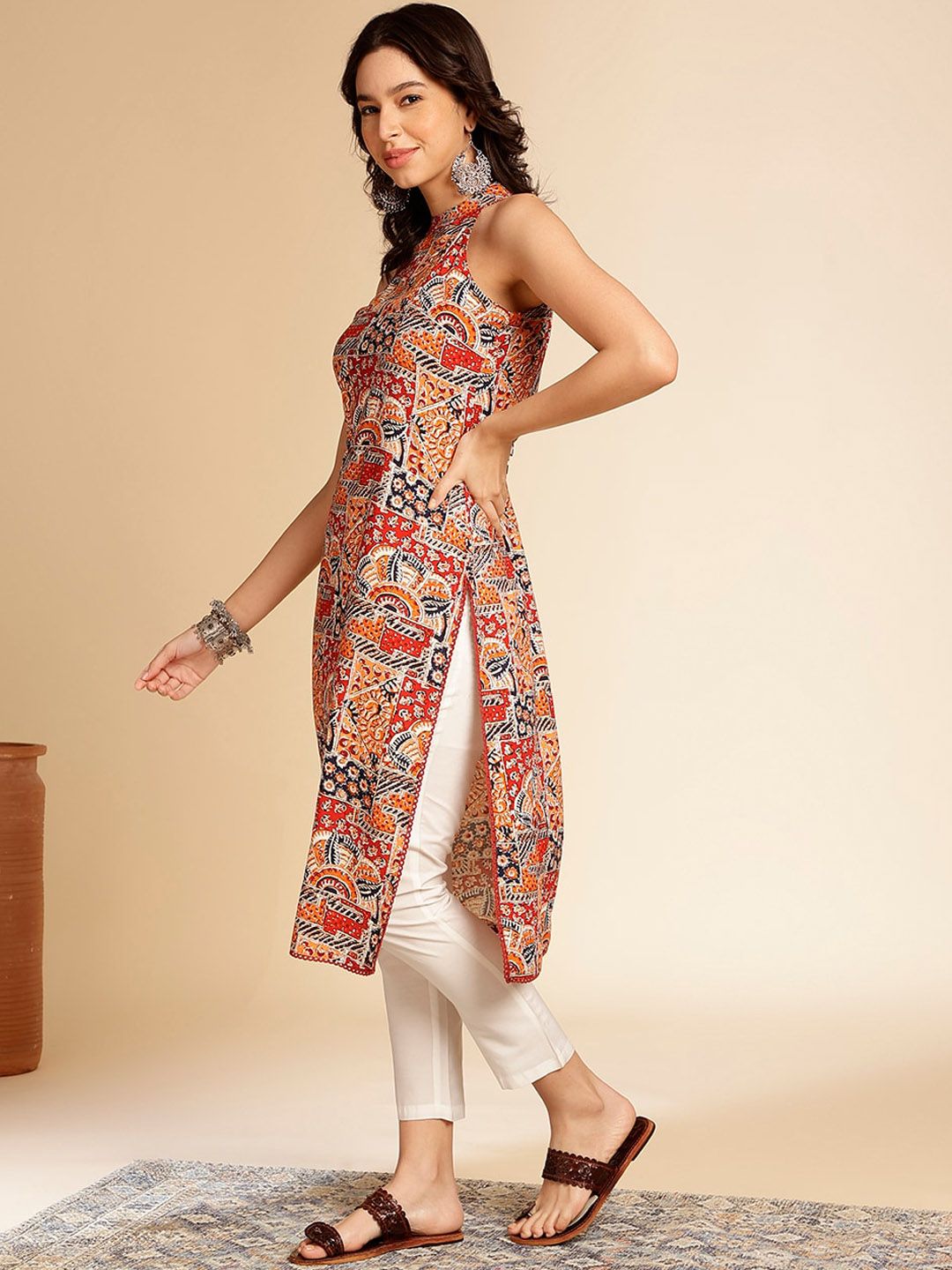Anouk Geometric Printed Halter Neck Straight Kurta