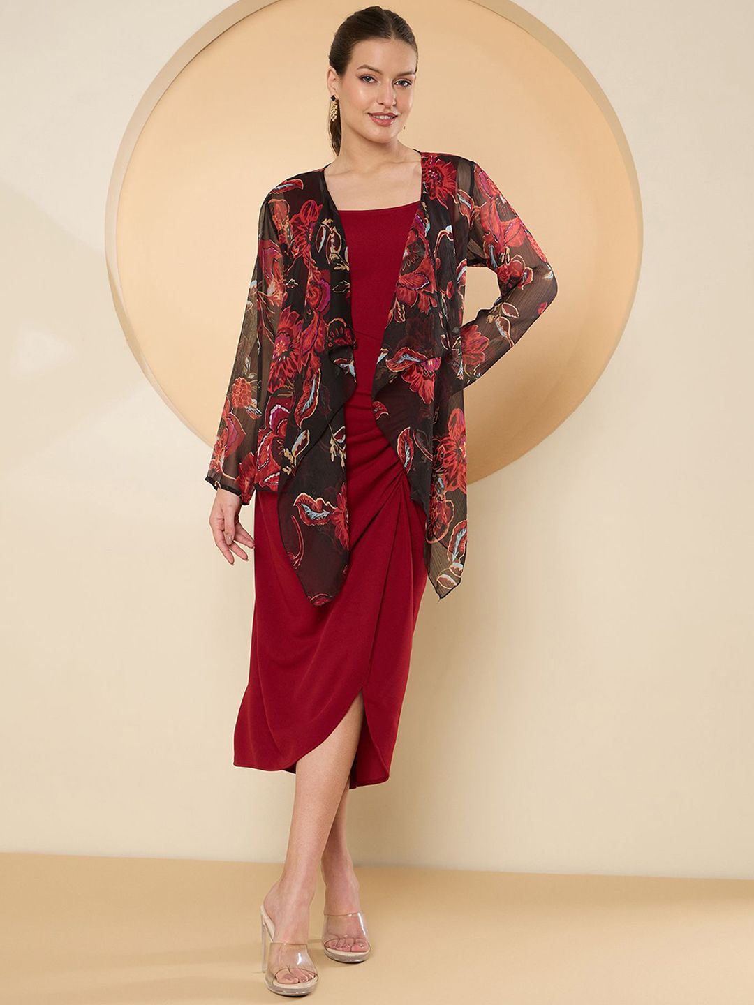 Antheaa Maroon Square Neck Bodycon Midi Dress With Shrug