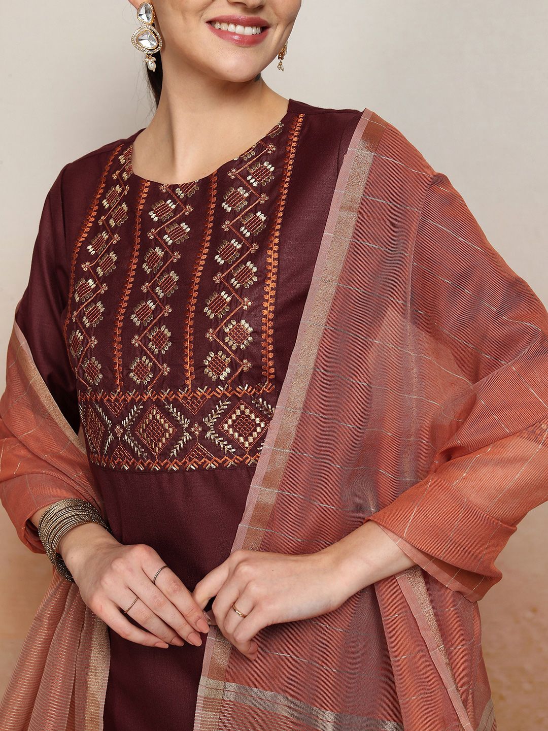 Vishudh Embroidered Rund Neck Straight Kurta & Palazzos With Dupatta