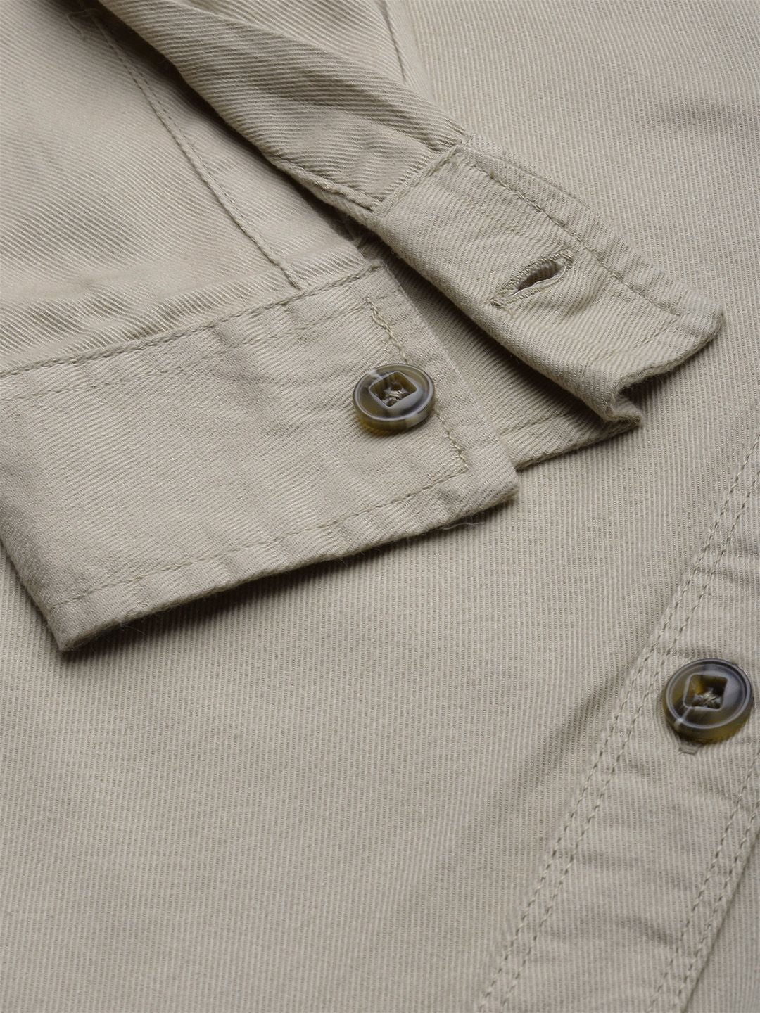 The Indian Garage Co Men Khaki Solid Hooded Slim Fit Casual Shirt
