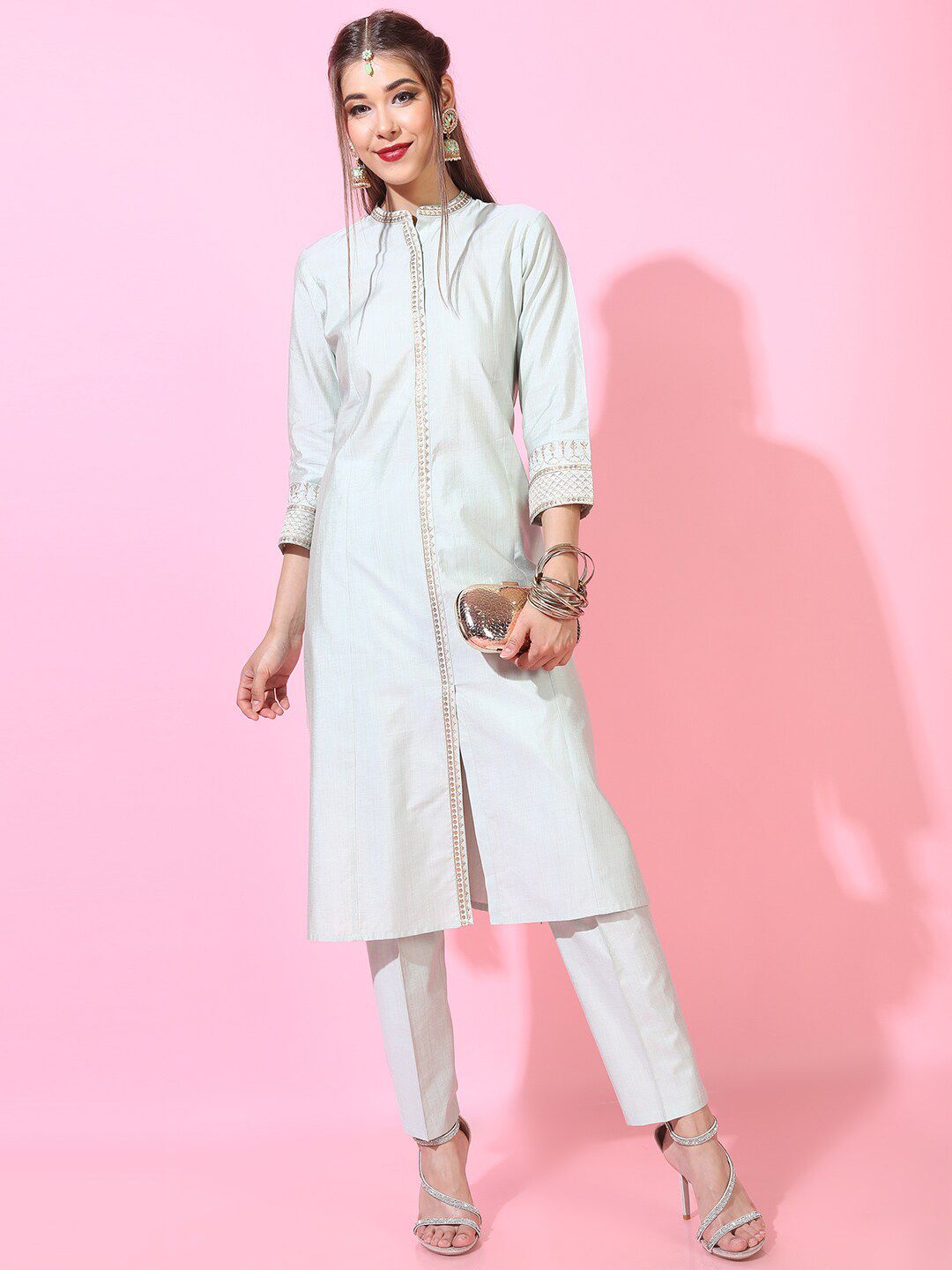 Vishudh Women Green Solid Viscose Rayon Kurta with Trouser