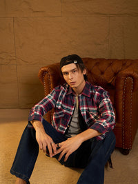 DENNISON Men Double Pocket Drop Shoulder Oversized Cotton Checked Shacket