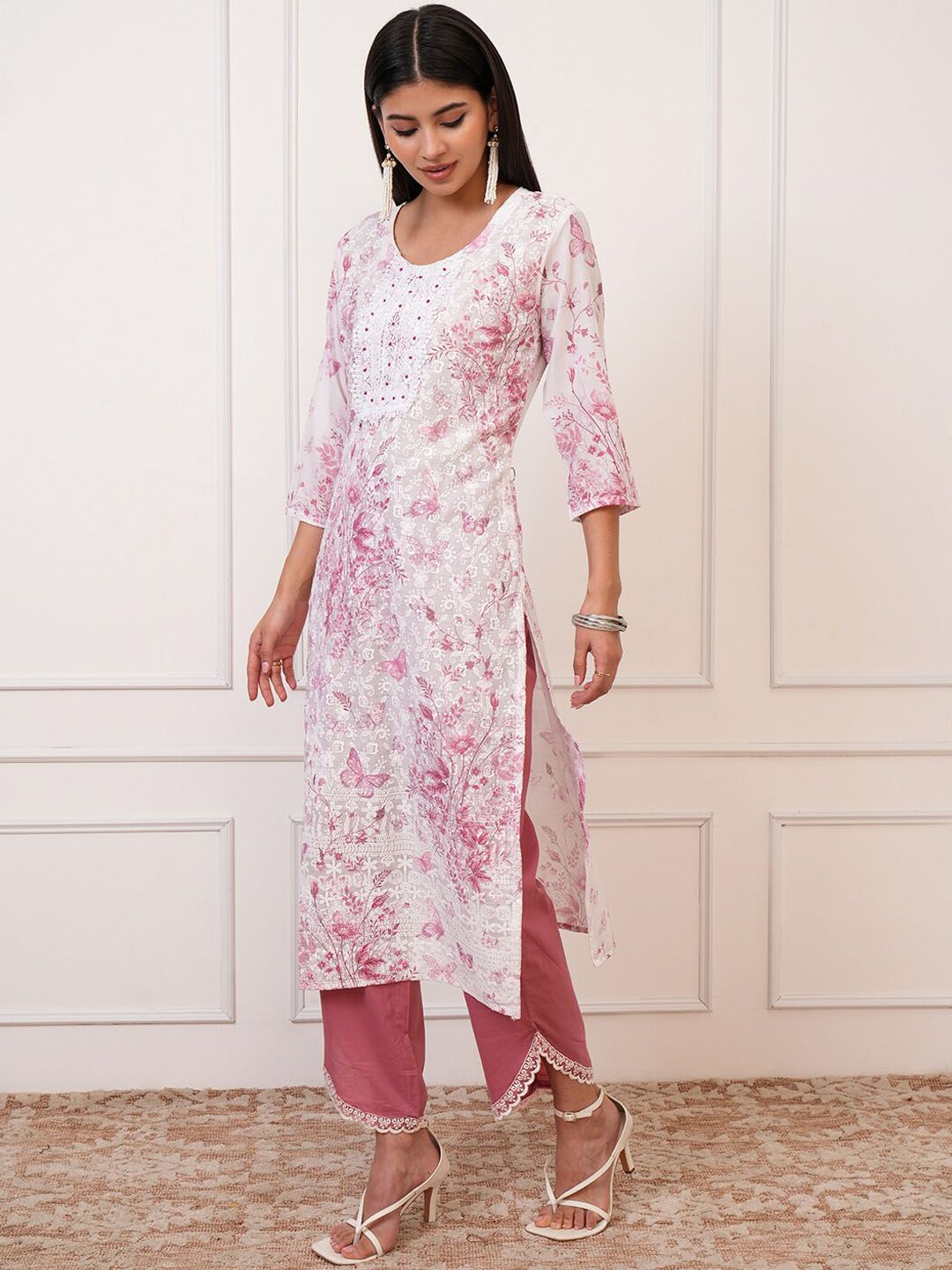 Vishudh Pink Floral Printed Thread Work Cotton Straight Kurta