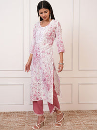 Vishudh Pink Floral Printed Thread Work Cotton Straight Kurta