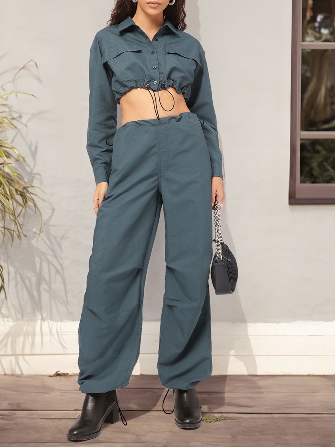 DressBerry Relaxed Refinement Crop Shirt & Parachute Pants Co-Ords with Toggles