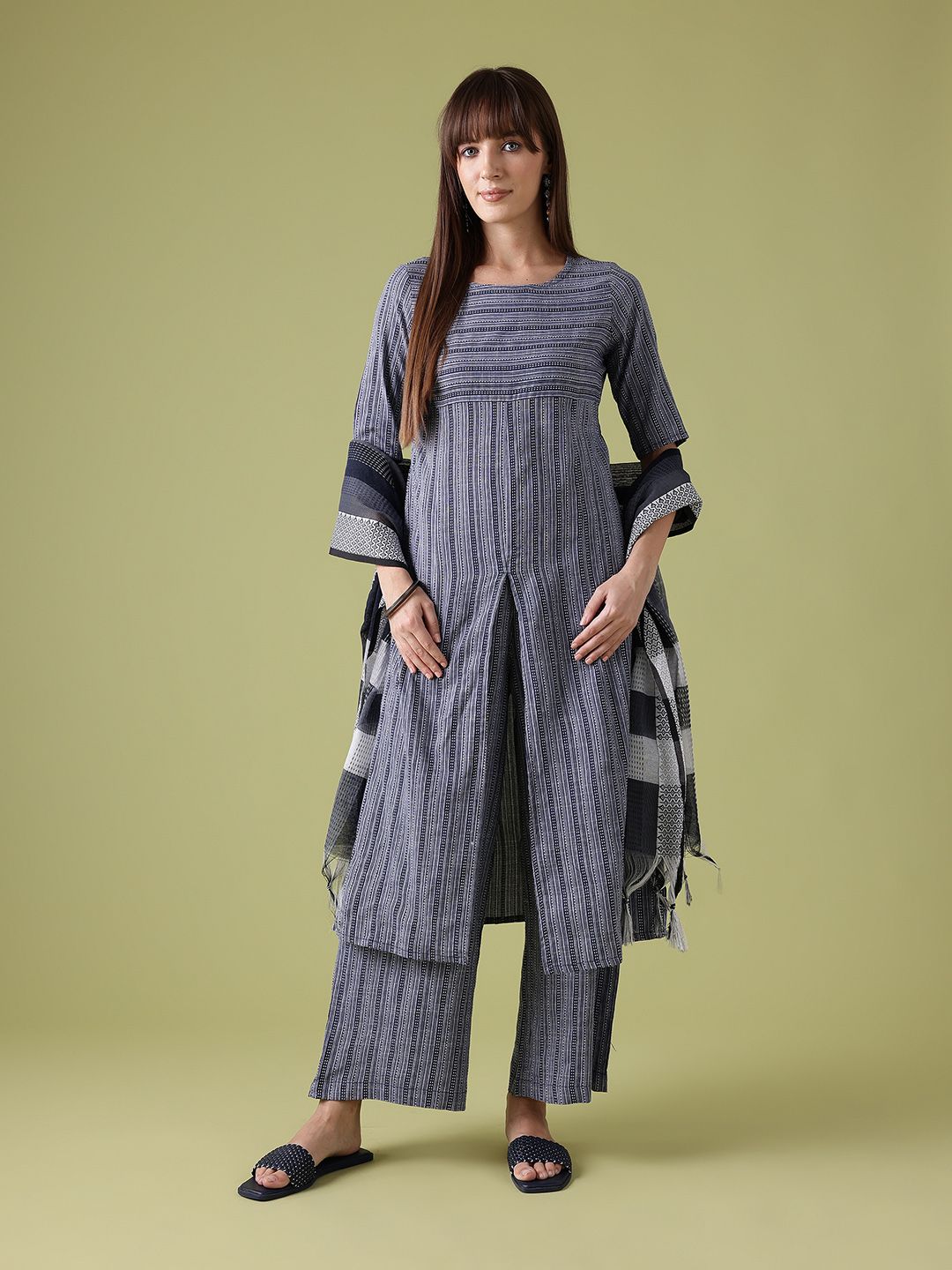 Anouk High-Slit Striped Kurta with Palazzos & Dupatta
