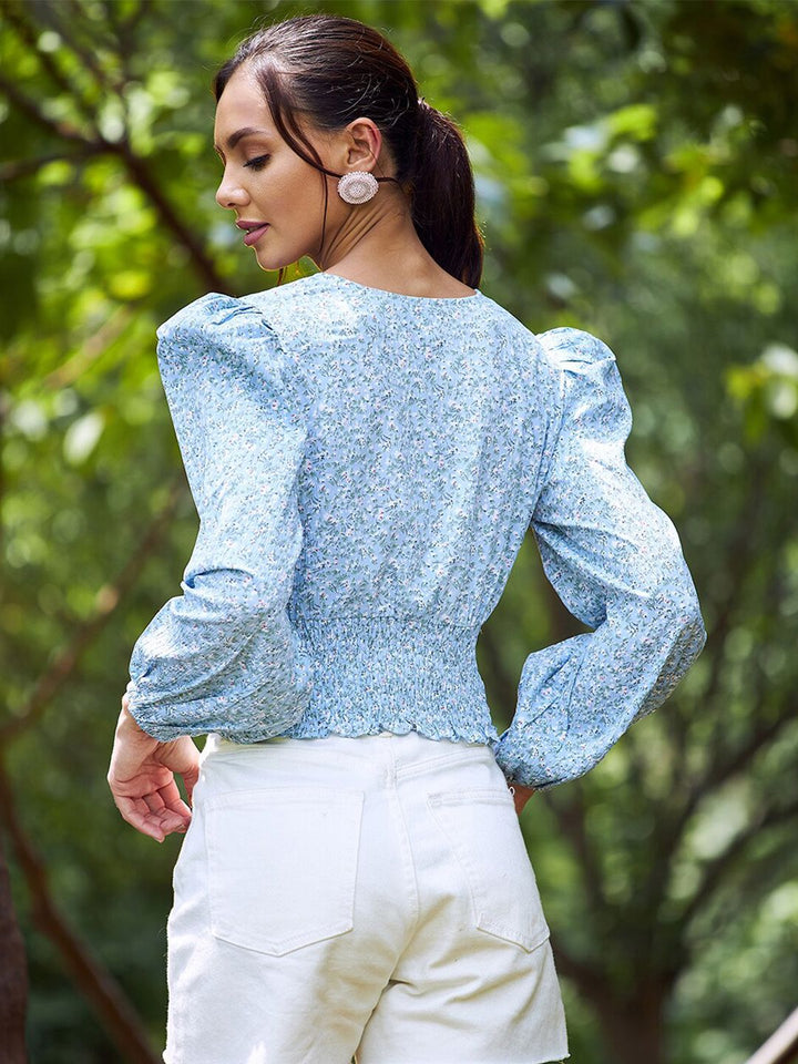 Athena Blue Printed V-Neck Smocked Wrap Crop Top