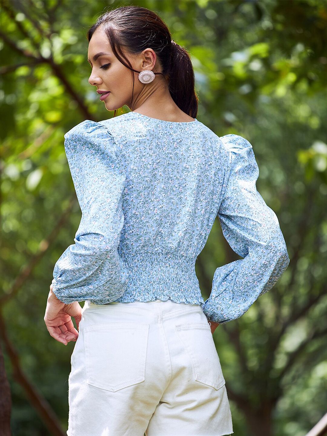 Athena Blue Printed V-Neck Smocked Wrap Crop Top