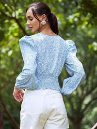 Athena Blue Printed V-Neck Smocked Wrap Crop Top