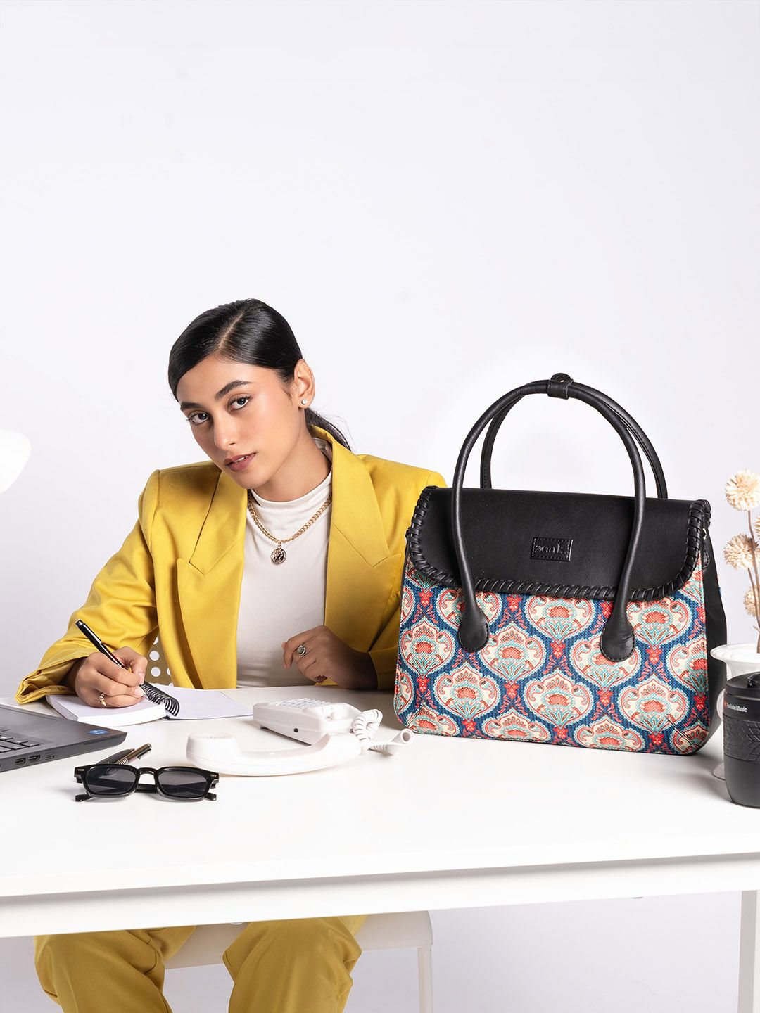 ZOUK Ethnic Motifs Printed Structured Jute Satchel Bag