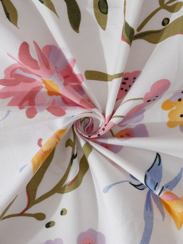 HOSTA HOMES White & Green Floral 210 TC Flat Cotton Single Bedsheet & 1 Pillow Cover