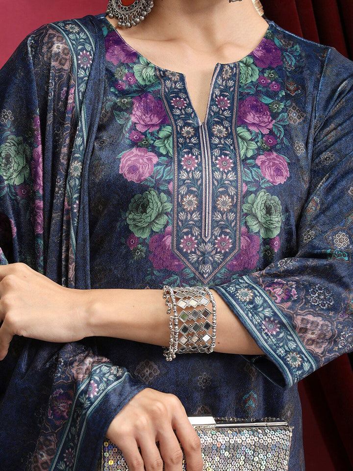 Vishudh Navy Blue Floral Printed Mandarin Collar Straight Kurta & Palazzos With Dupatta