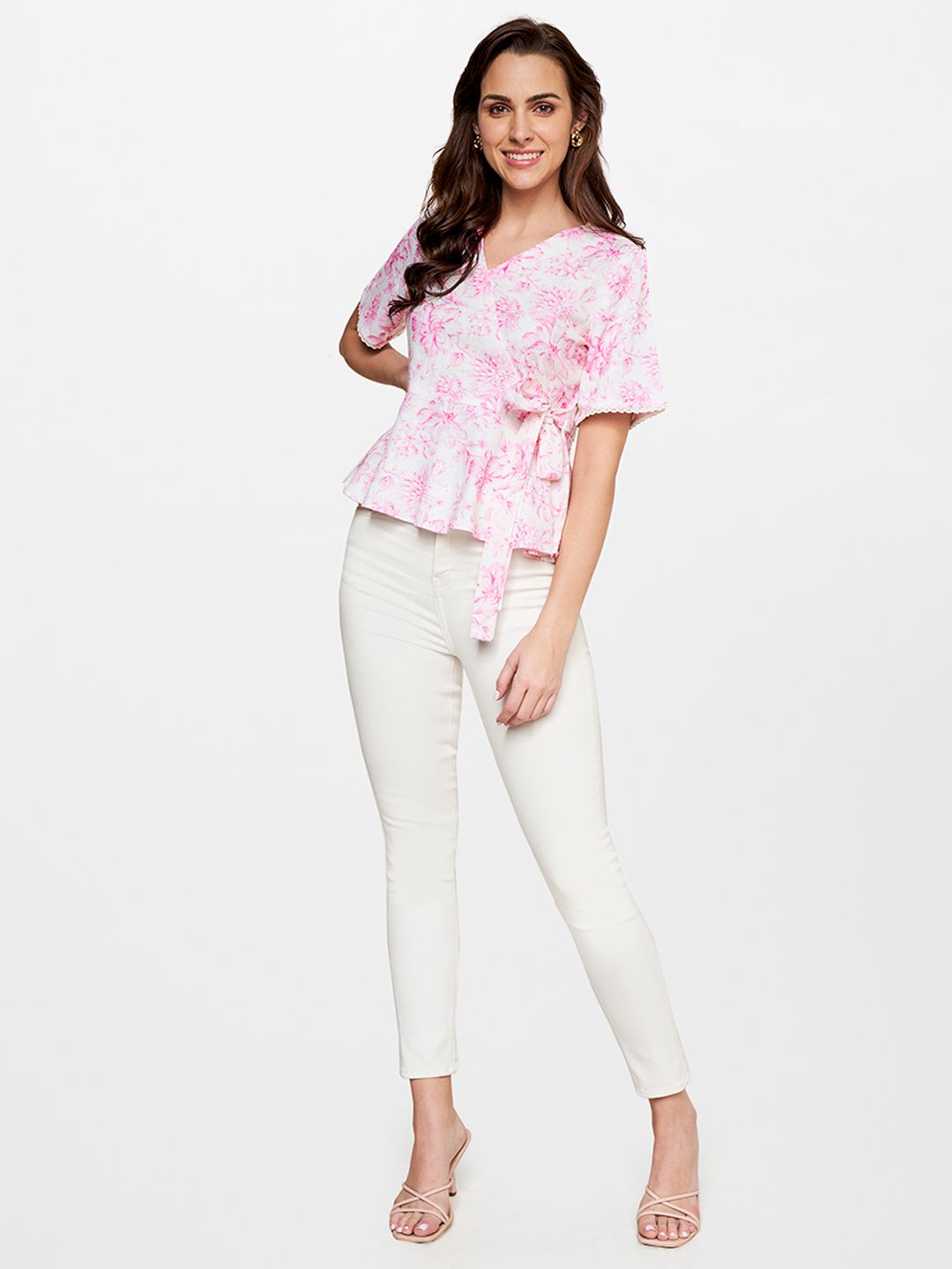 AND Floral Printed Linen Wrap Top