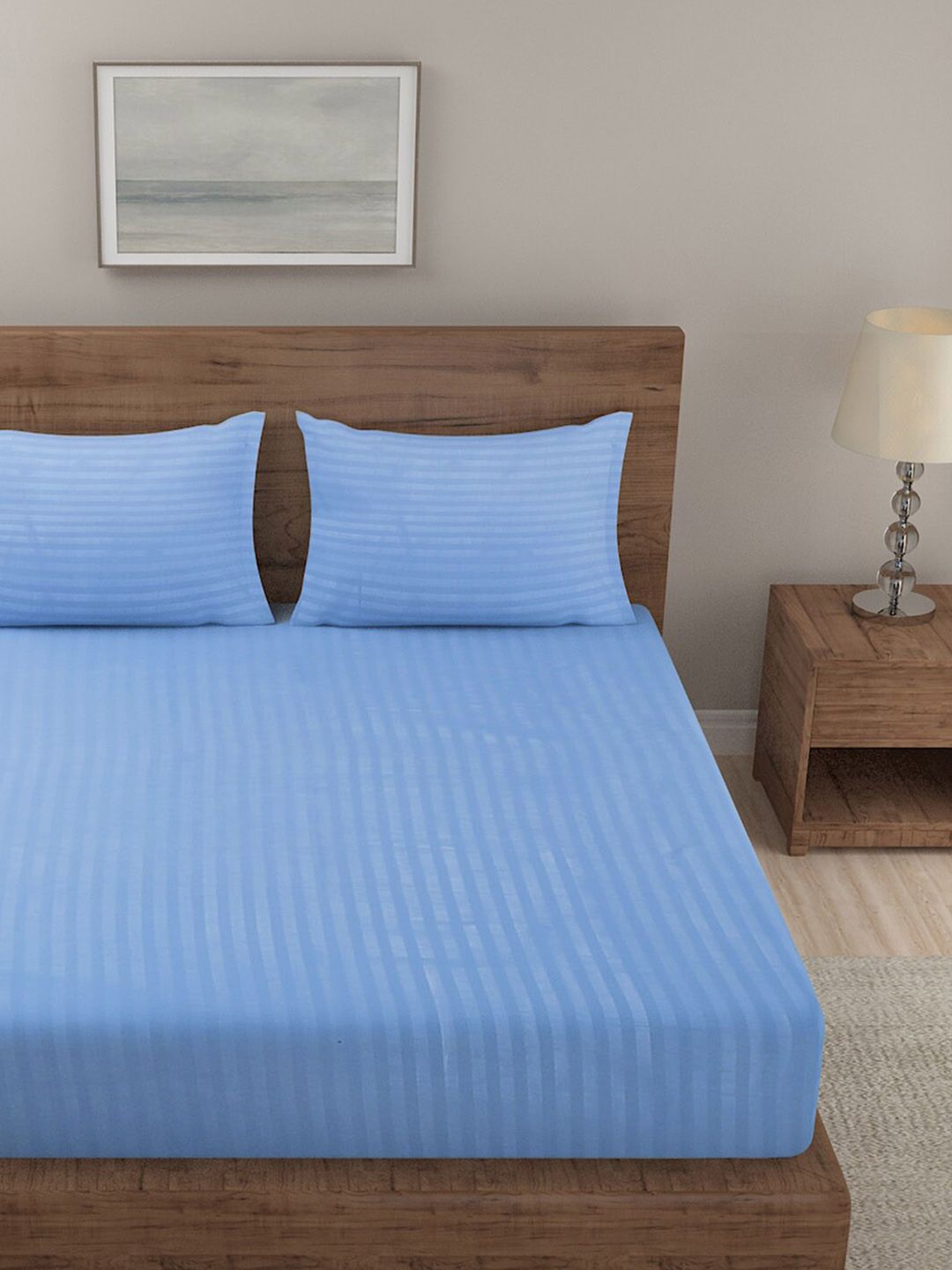 KLOTTHE Blue Striped 300 TC King Bedsheet dengan 2 Sarung Bantal
