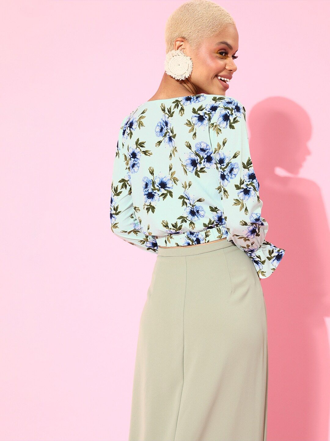 Berrylush Women Enchanting Sea Green Floral Bell Sleeves Top