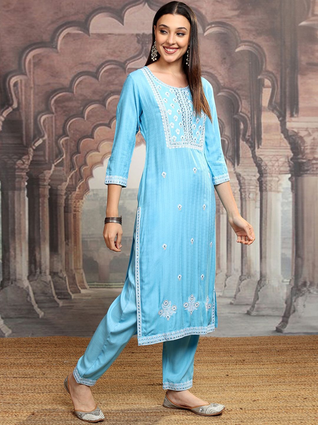 Vishudh Blue Ethnic Motifs Embroidered Thread Work Kurta with Trousers & Dupatta
