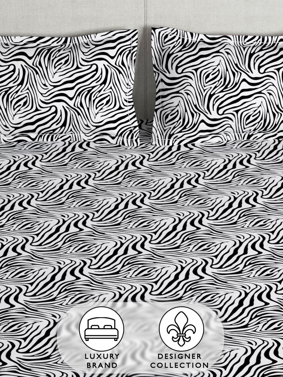 Story@home Black & White 180 TC Abstract Queen Fitted Bedsheet With 2 Pillow Covers