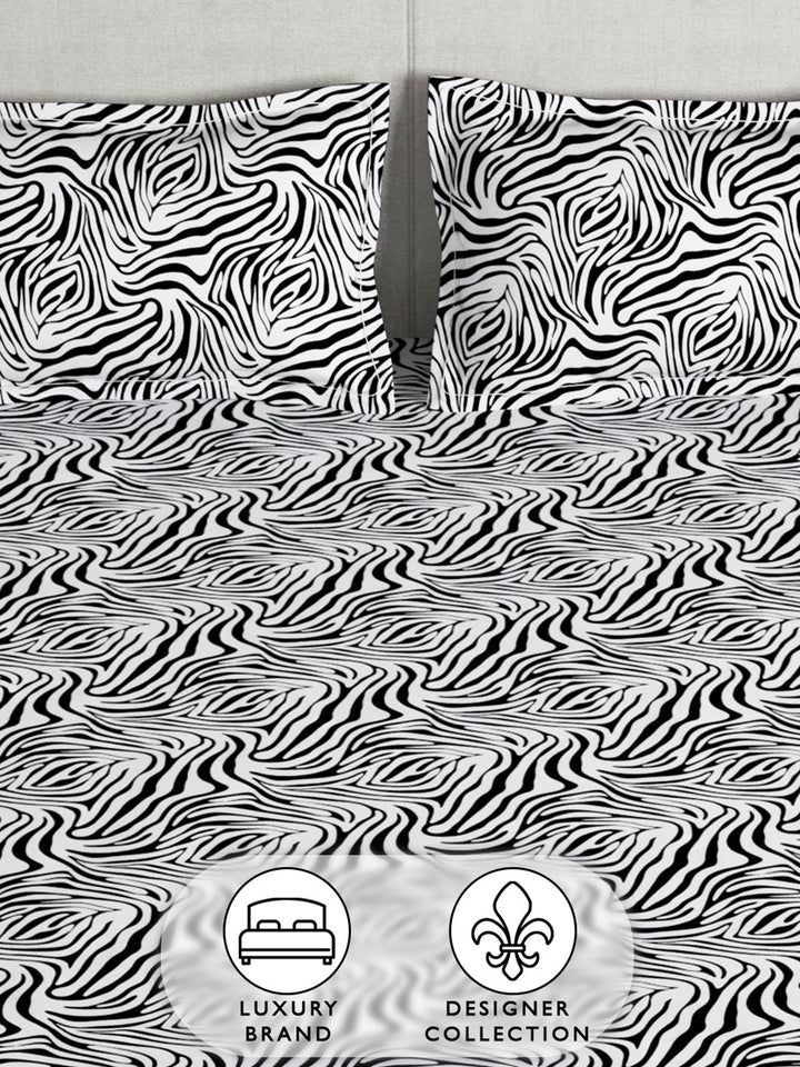 Story@home Black & White 180 TC Abstract Queen Fitted Bedsheet With 2 Pillow Covers