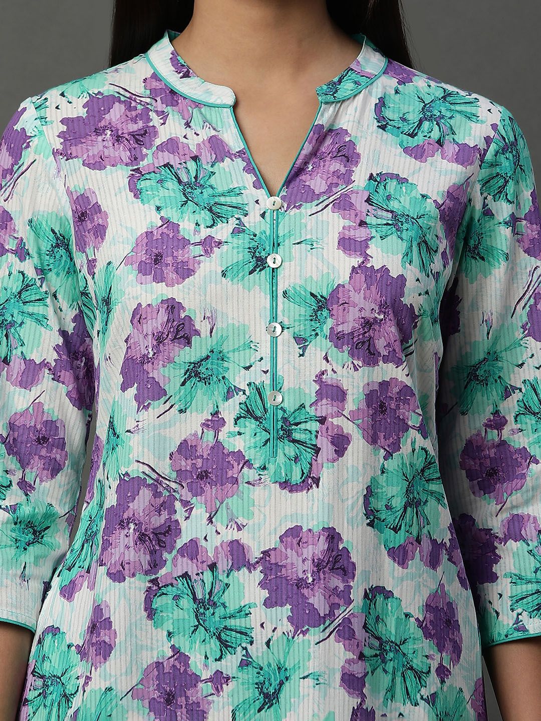 AURELIA Floral Printed Regular Pure Cotton Band Collar Straight Kurta with Trousers