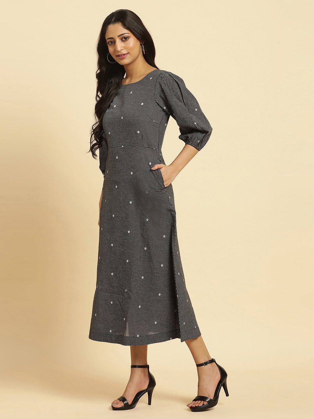 W Checked Puff Sleeves A-Line Pure Cotton Midi Dress