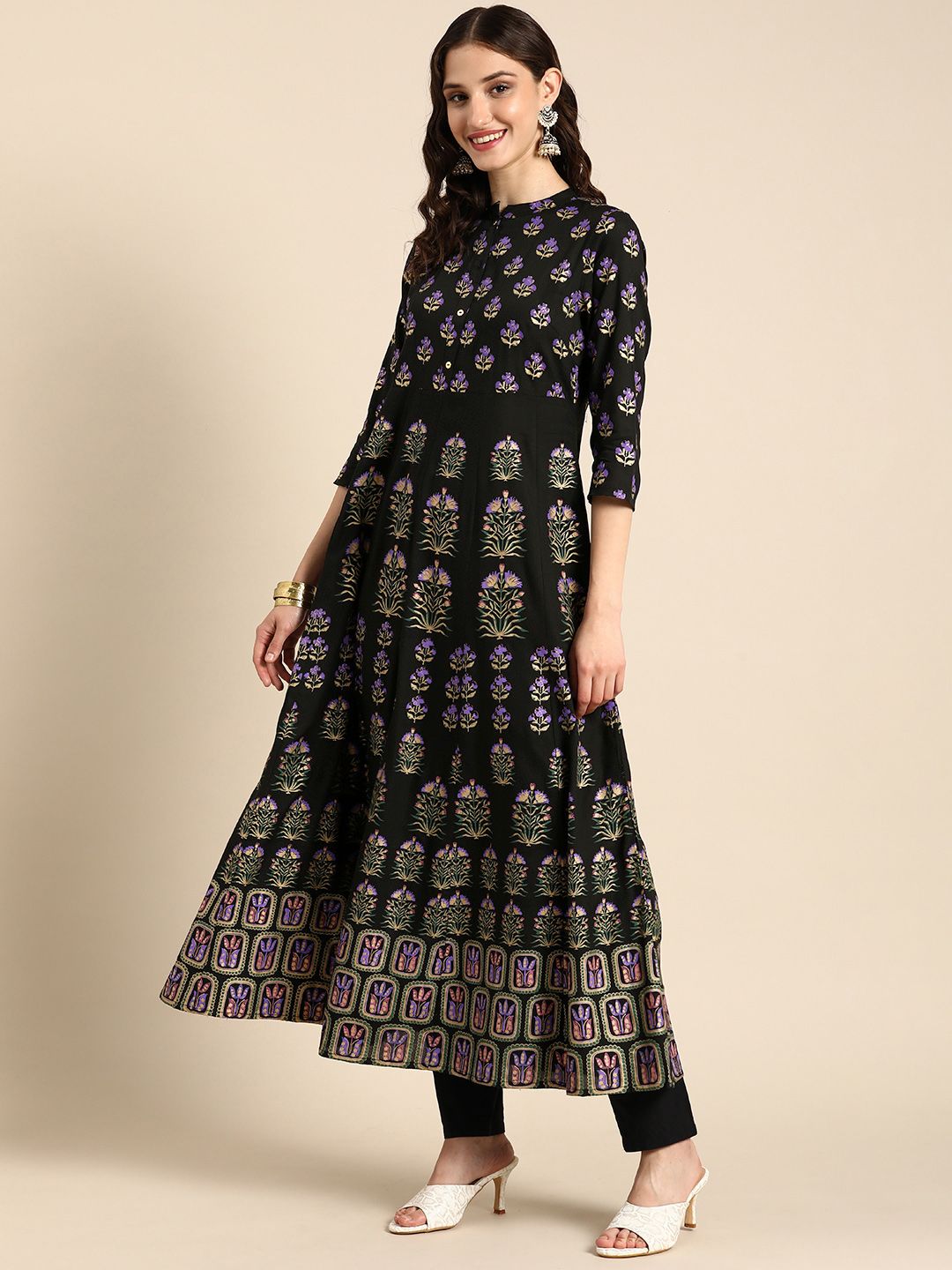 Anouk Mandarin Collar Ethnic Motifs Printed A-Line Kurta