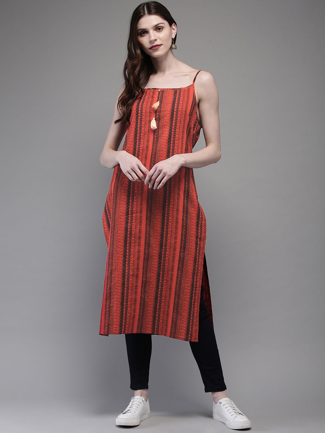 Anouk Women Rust Red & Black Printed Straight Kurta