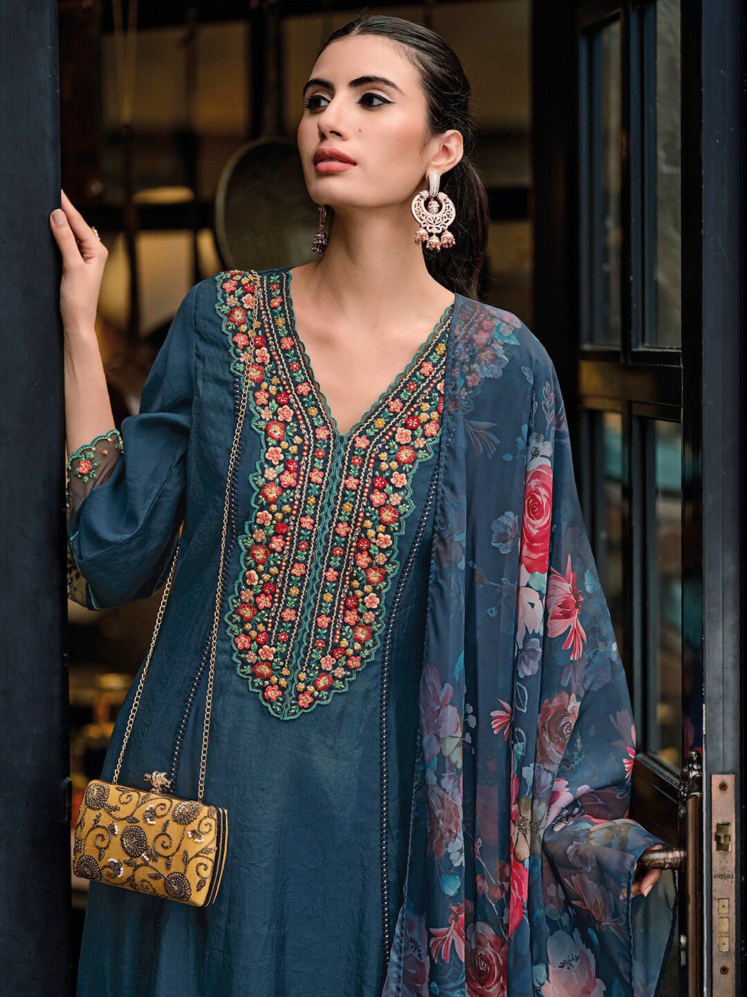 Indo Era Floral Embroidered Panelled Thread Work A-Line Kurta With Trousers & Dupatta