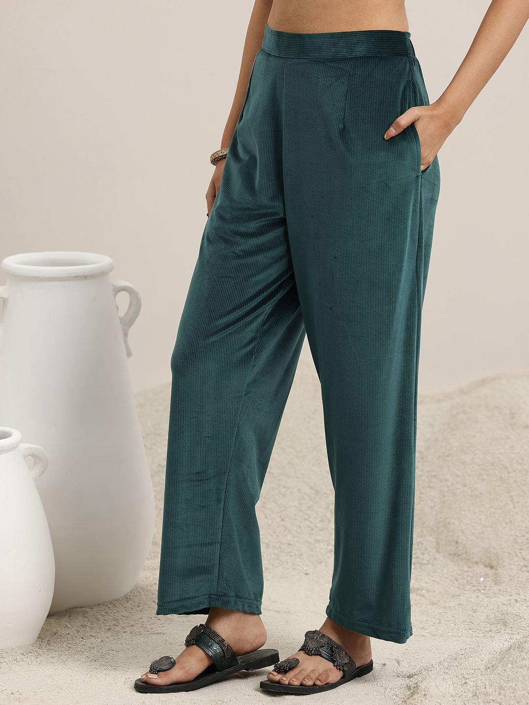 Libas Floral Embroidered Mandarin Collar Velvet Kurta With Trousers & Dupatta