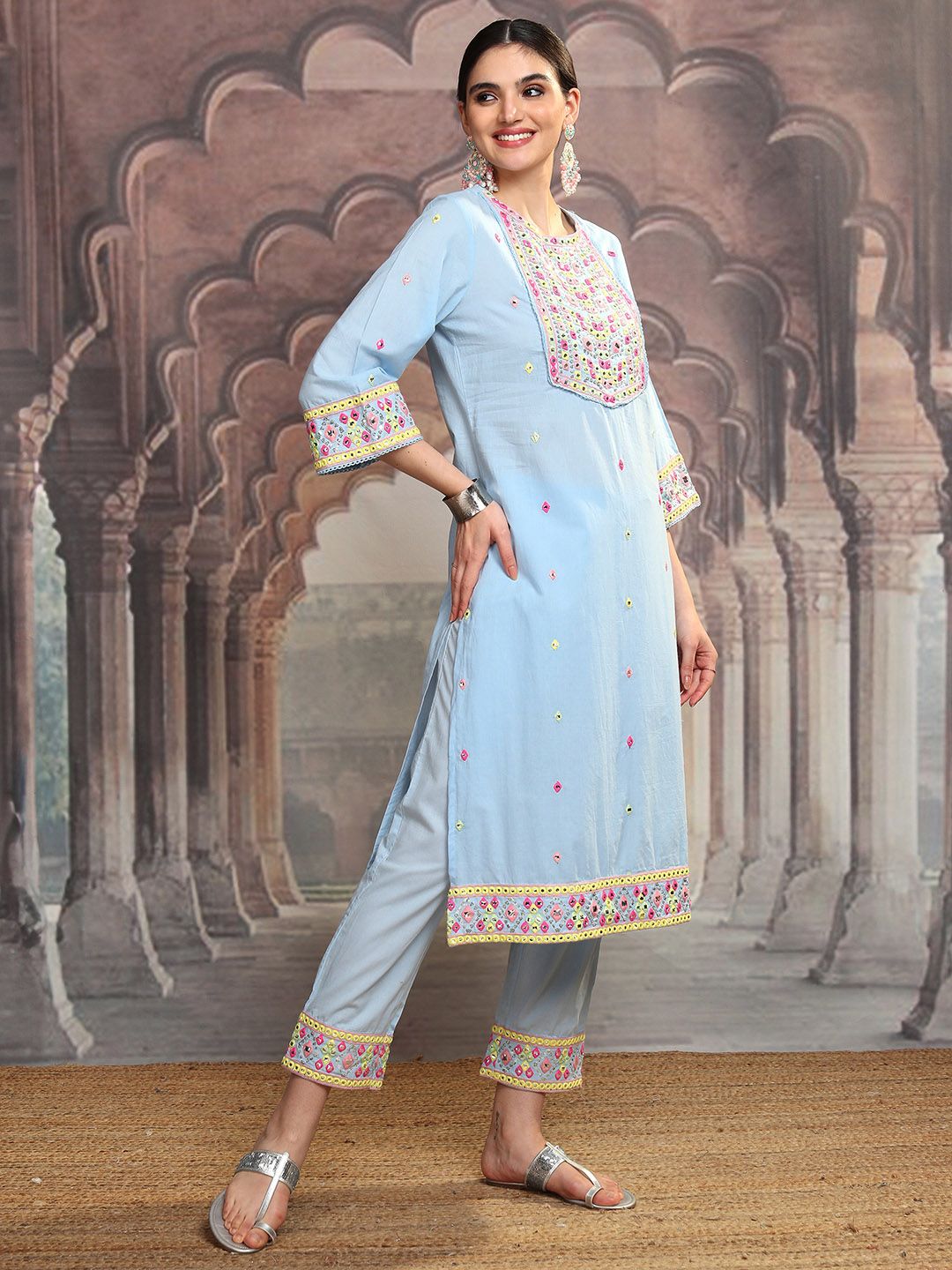 Vishudh Blue Embroidered Mirror Work Pure Cotton Straight Kurta With Trousers & Dupatta