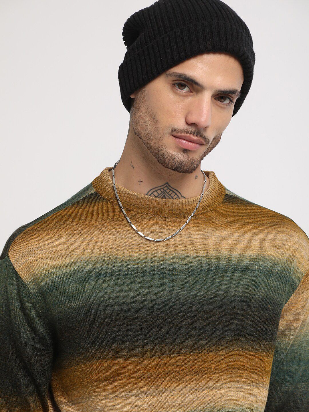 THE BEAR HOUSE Striped Drop-Shoulder Sleeves Acrylic Pullover Sweatshirt