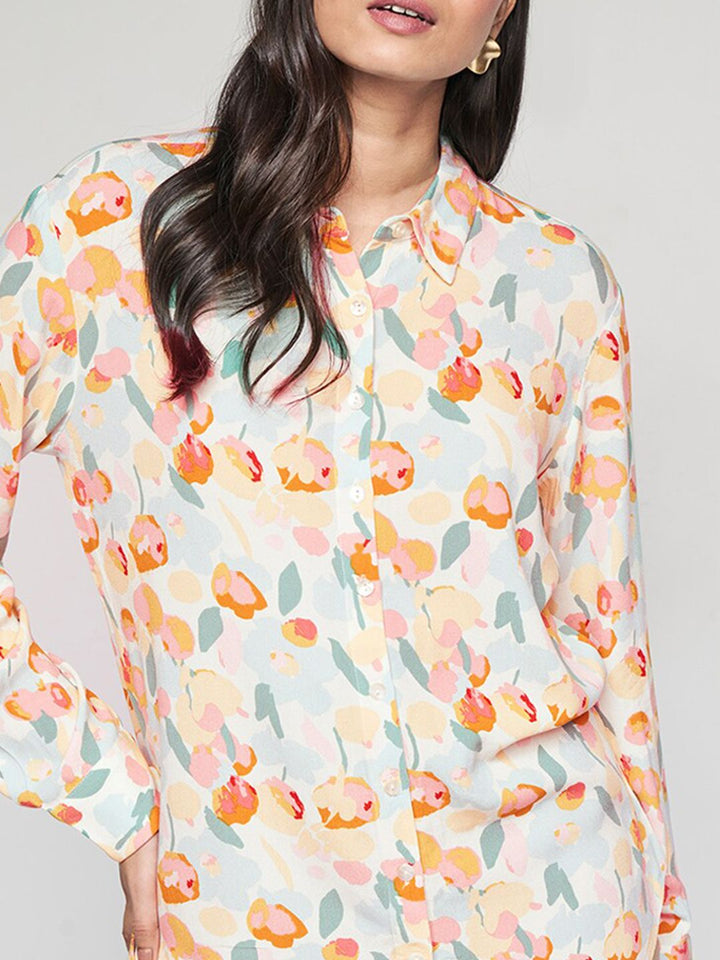 AND Floral Printed Cuffed Sleeves Shirt Style Top