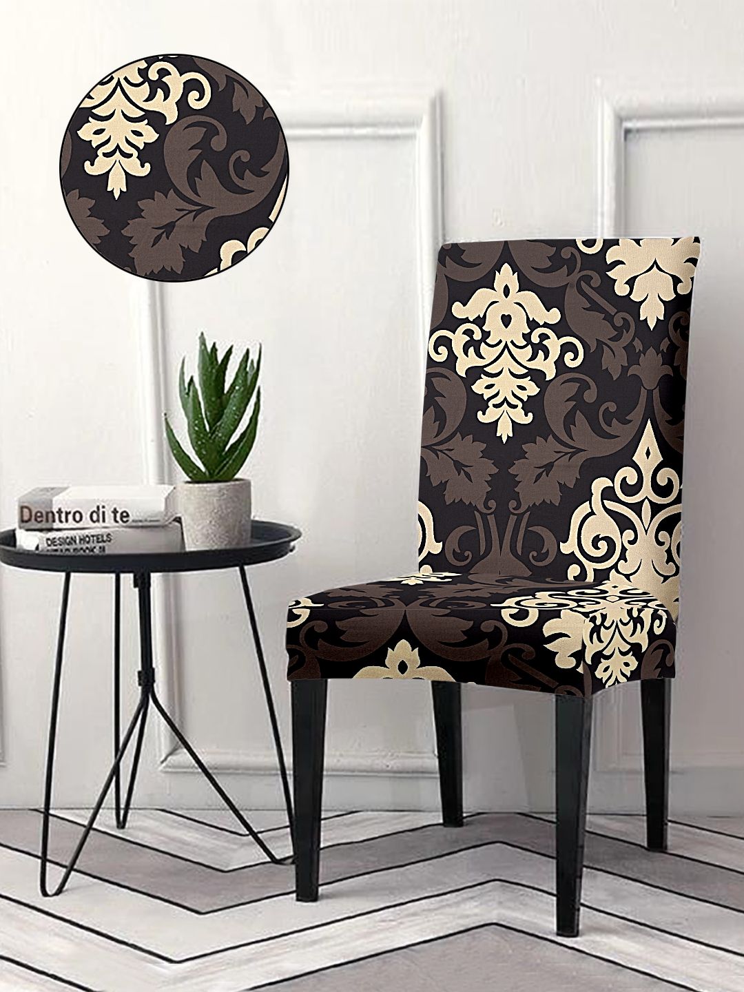 Cortina Black & Beige 6 Pieces Ethnic Motif Printed Super Stretchable Dining Chair Covers