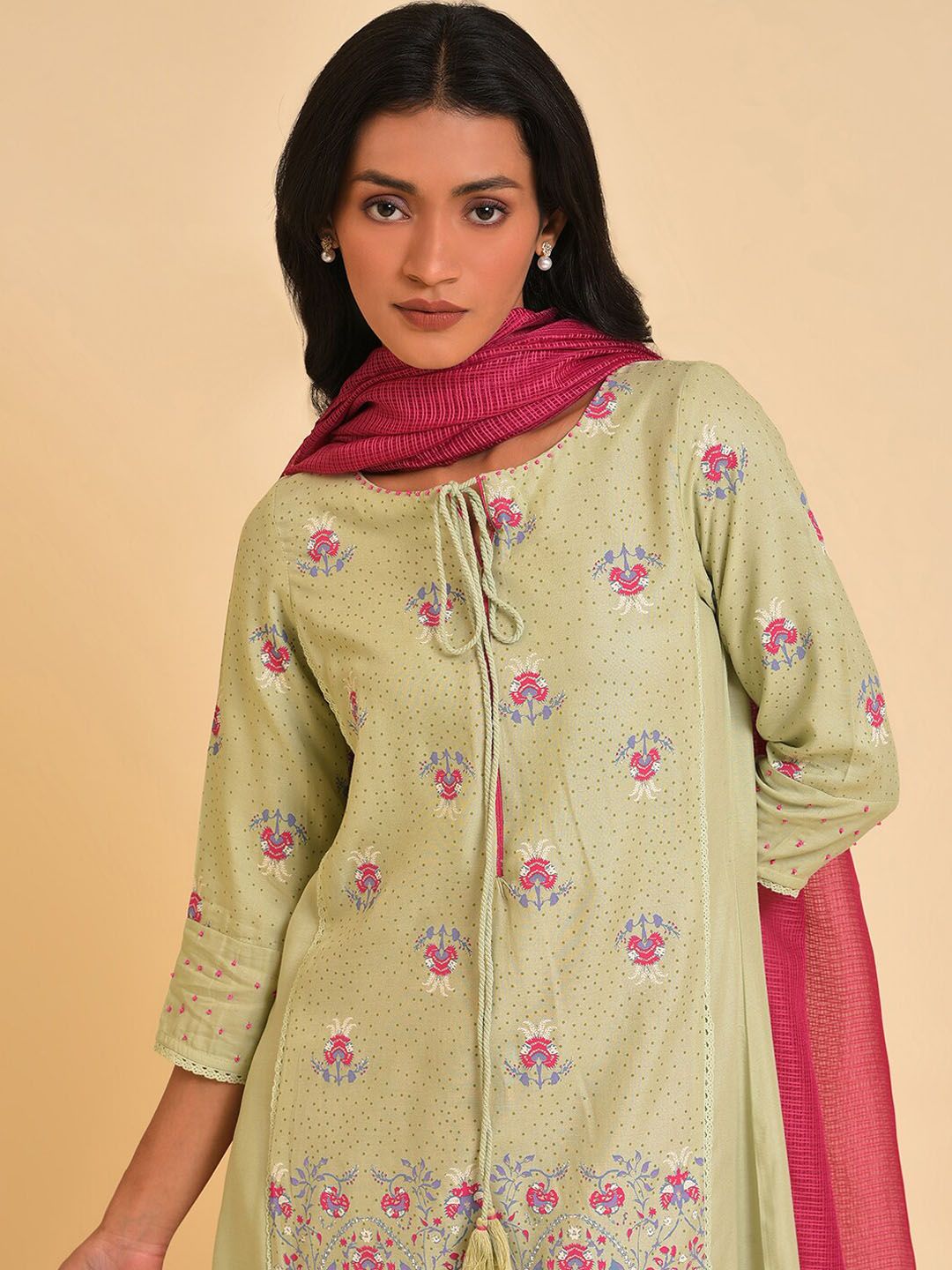 W Green & Pink Floral Printed Sequined Kurta with Palazzos & Dupatta