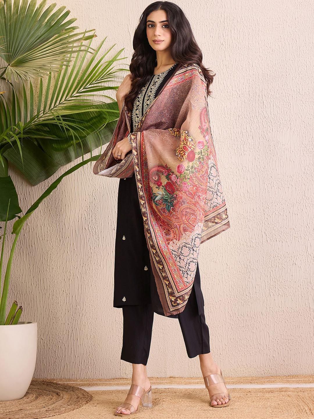 Indo Era Women Ethnic Motifs Embroidered Regular Liva Kurta with Trousers & With Dupatta