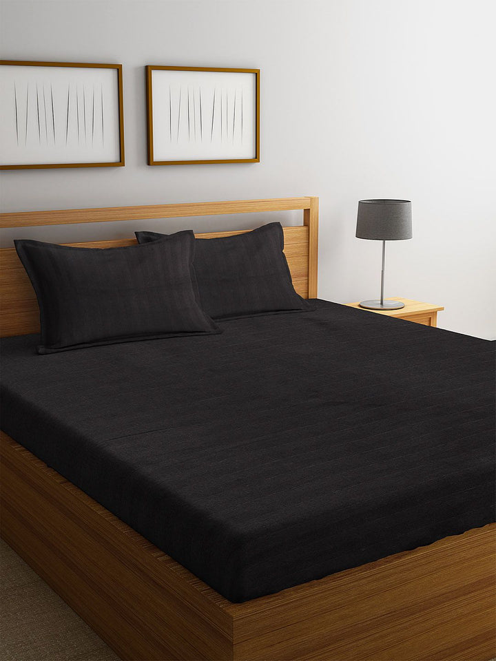 HOSTA HOMES Black Striped 300 TC Cotton 1 King Bedsheet with 2 Pillow Covers