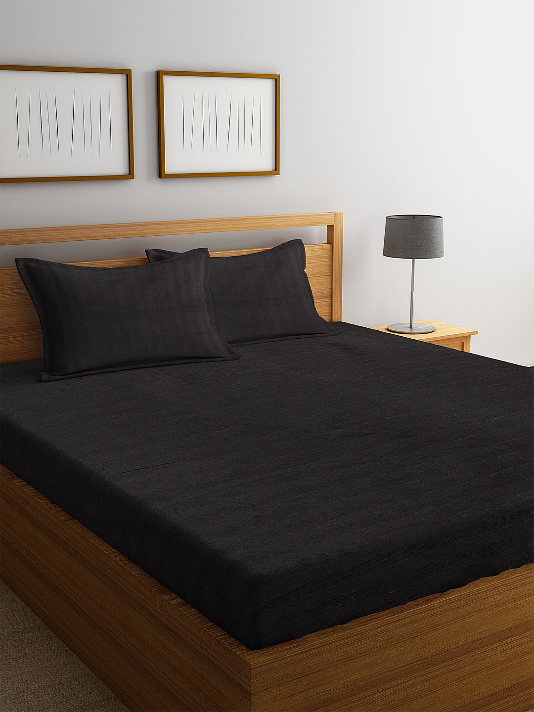 HOSTA HOMES Black Striped 300 TC Cotton 1 King Bedsheet with 2 Pillow Covers