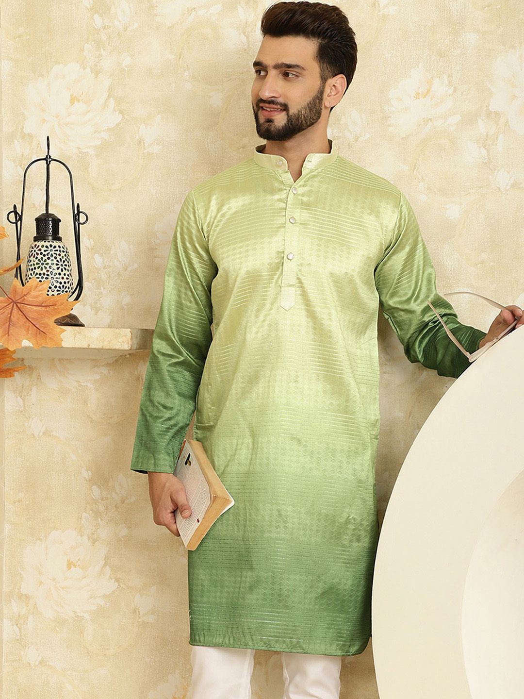 SOJANYA Ombre Printed Sequinned Silk Cotton Kurta