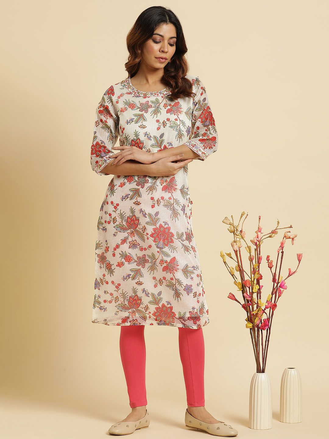W Women Floral Printed Straight Kurta
