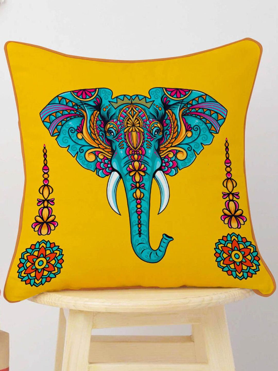 STITCHNEST Yellow & Blue Set of 5 Floral Velvet Square Cushion Covers