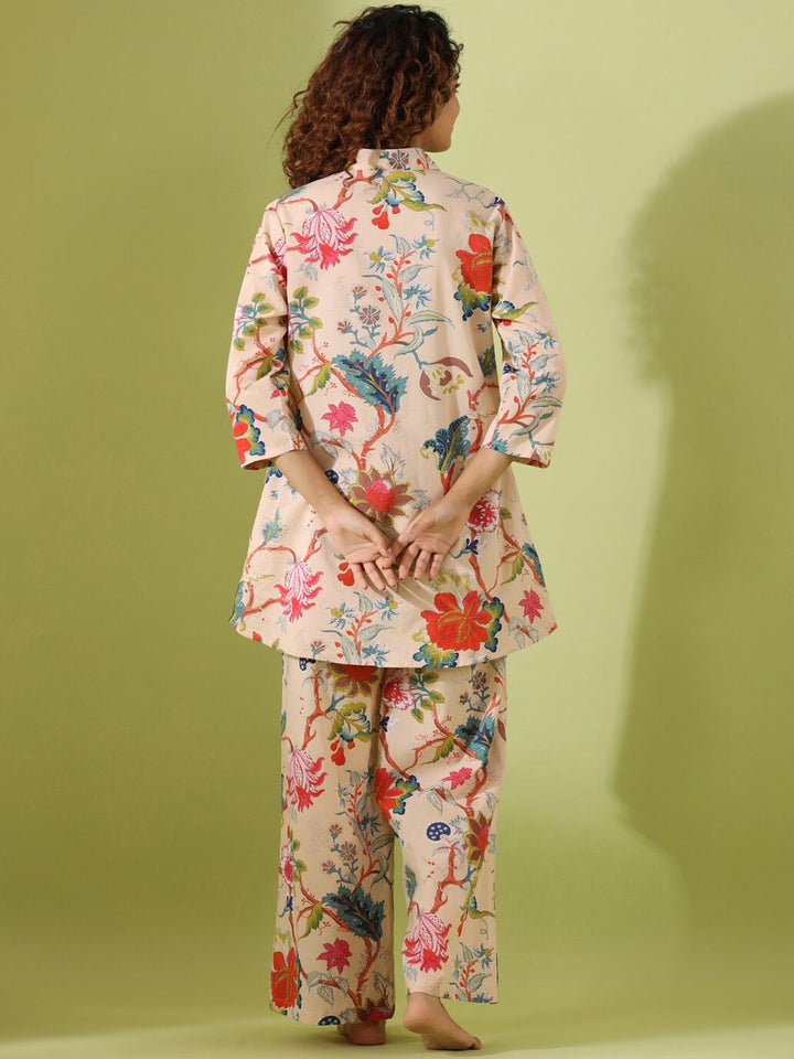 SANSKRUTIHOMES Floral Printed Shirt Collar Pure Cotton Night suit