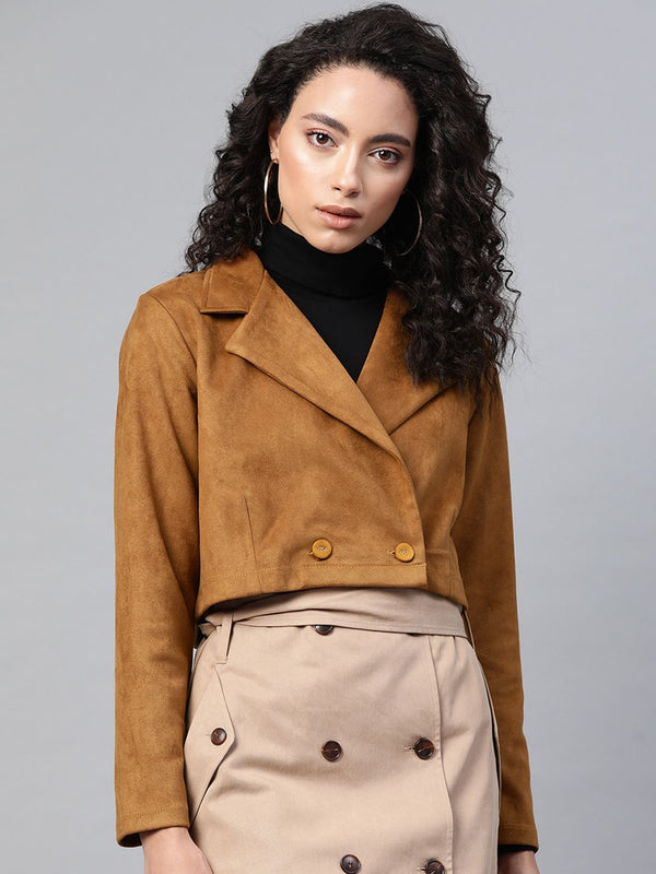 SASSAFRAS Women Brown Comfort Fit Suede Finish Double-Breasted Cropped Blazer