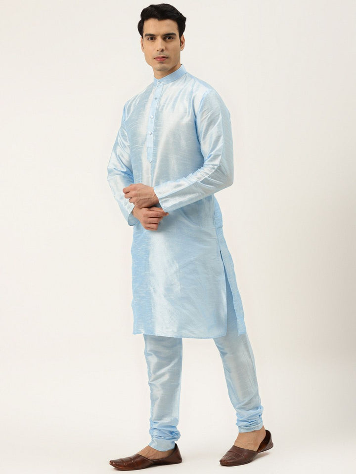 SOJANYA Men Turquoise Blue Thread Work Kurta with Churidar & Nehru Jacket