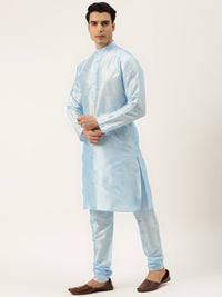 SOJANYA Men Turquoise Blue Thread Work Kurta with Churidar & Nehru Jacket