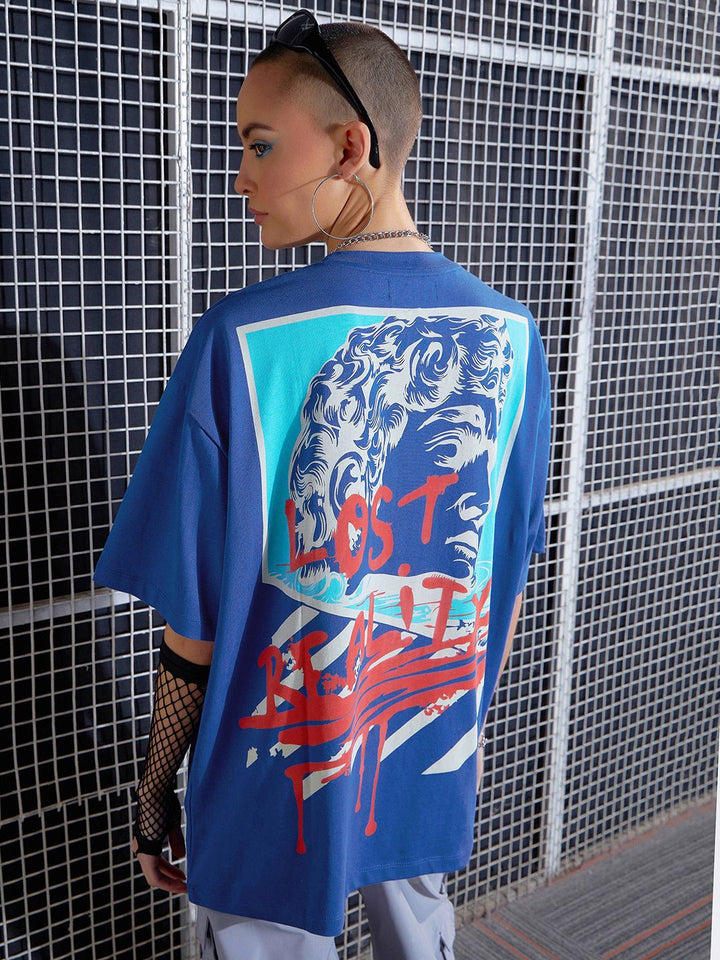 SASSAFRAS Blue Graphic Printed Drop-Shoulder Oversized Pure Cotton T-shirt