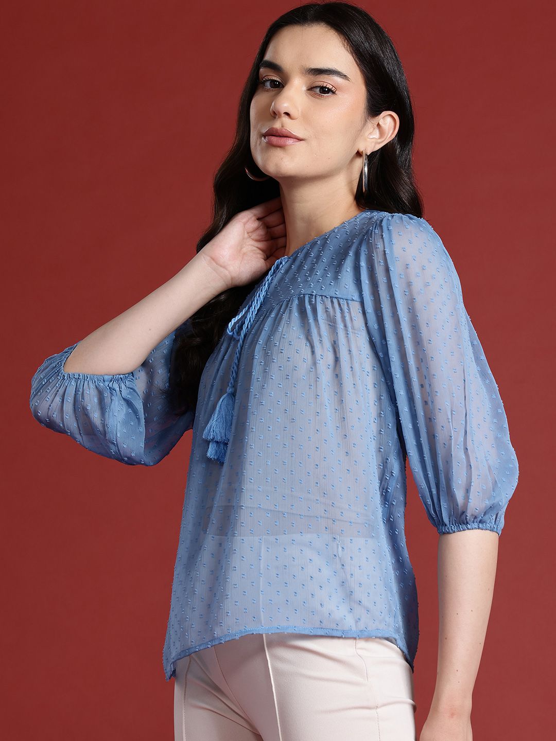 all about you Dobby Woven Tie-Up Neck Puff Sleeve Top